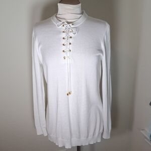 Michael Kors Women’s Sweater Knit Tunic Lace Up White Crew Neck Gold Tone Size L